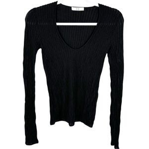 CO Black 100% Cashmere Black Long Sleeve Scoop V-Neck Ribbed Knit Sweater Small